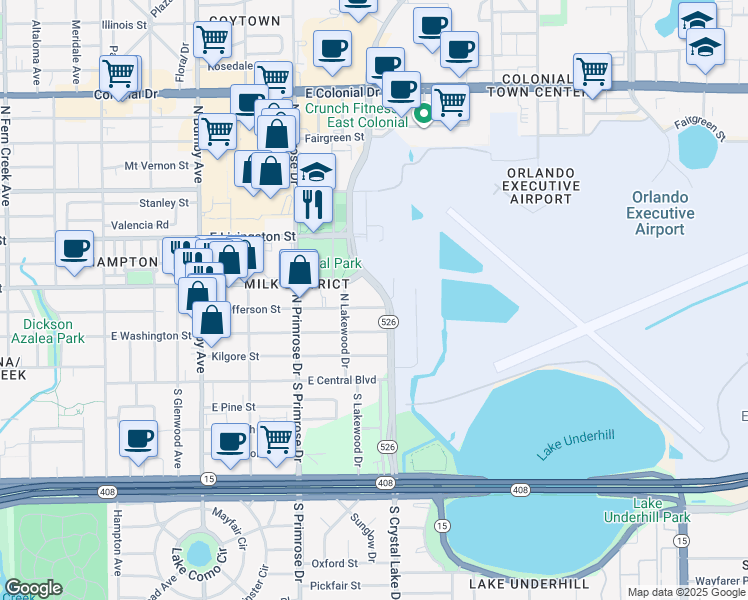 map of restaurants, bars, coffee shops, grocery stores, and more near 3018 East Jefferson Street in Orlando
