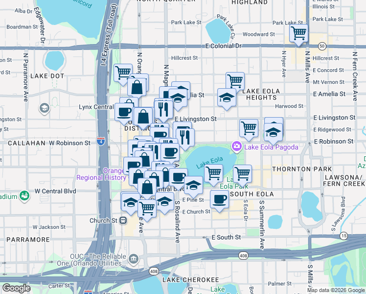 map of restaurants, bars, coffee shops, grocery stores, and more near 211 Eola Parkway in Orlando