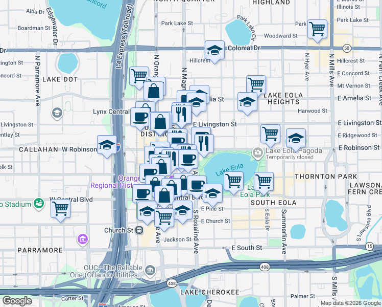 map of restaurants, bars, coffee shops, grocery stores, and more near 150 East Robinson Street in Orlando