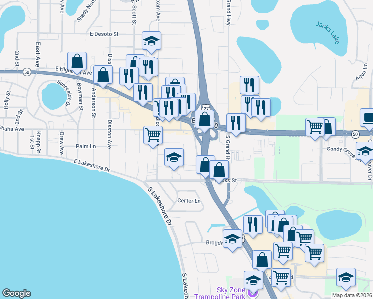 map of restaurants, bars, coffee shops, grocery stores, and more near 789 Oak Drive in Clermont