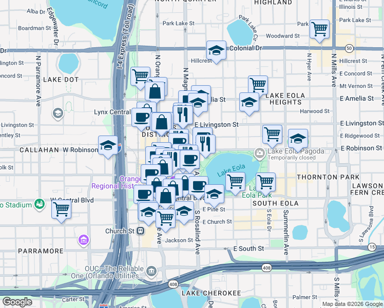 map of restaurants, bars, coffee shops, grocery stores, and more near 150 East Robinson Street in Orlando