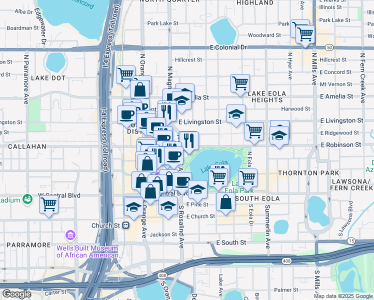 map of restaurants, bars, coffee shops, grocery stores, and more near 211 Eola Parkway in Orlando