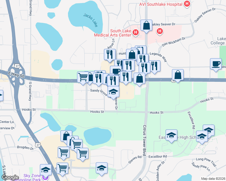 map of restaurants, bars, coffee shops, grocery stores, and more near 1500 Oakley Seaver Drive in Clermont