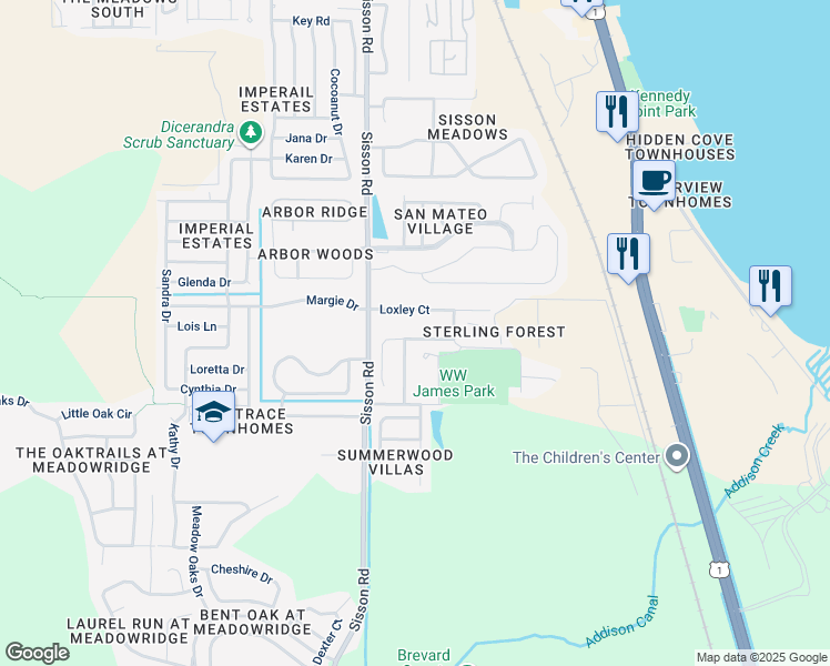 map of restaurants, bars, coffee shops, grocery stores, and more near 602 Marian Court in Titusville