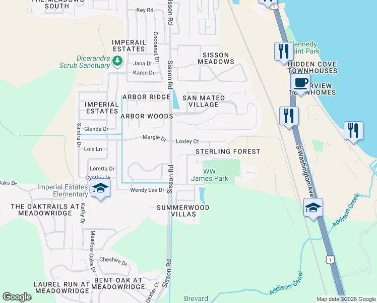 map of restaurants, bars, coffee shops, grocery stores, and more near 622 Marian Court in Titusville