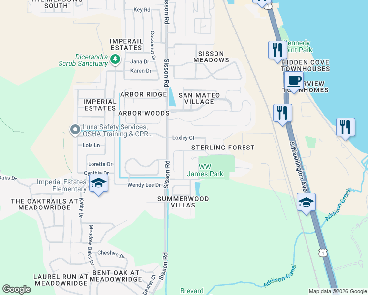 map of restaurants, bars, coffee shops, grocery stores, and more near 5358 Hallamshire Boulevard in Titusville