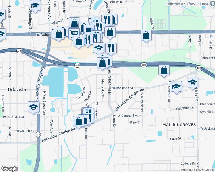 map of restaurants, bars, coffee shops, grocery stores, and more near 145 Mandrake Street in Orlovista