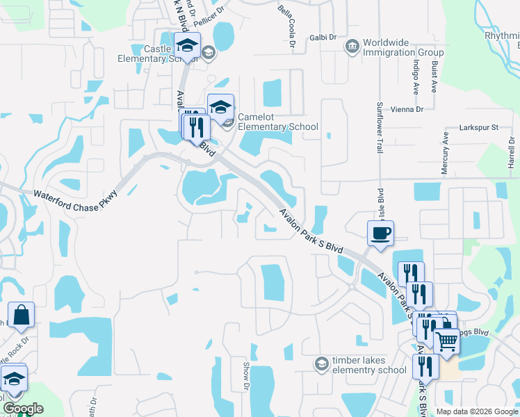 map of restaurants, bars, coffee shops, grocery stores, and more near 15013 Moultrie Pointe Road in Orlando