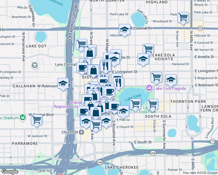 map of restaurants, bars, coffee shops, grocery stores, and more near 150 East Robinson Street in Orlando