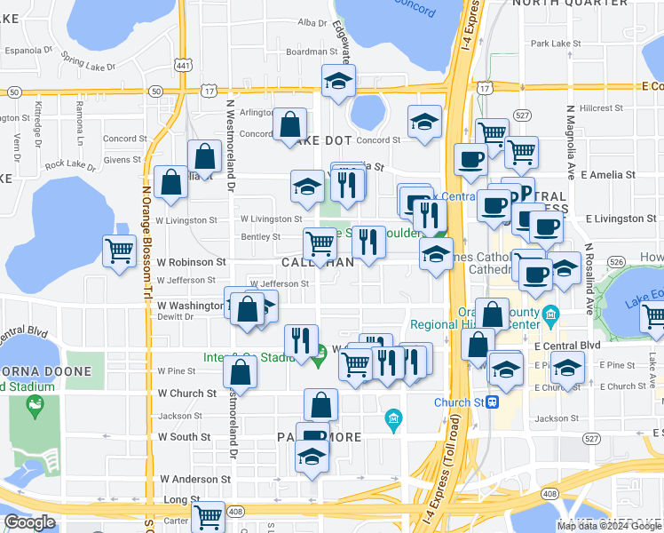 map of restaurants, bars, coffee shops, grocery stores, and more near 651 West Jefferson Street in Orlando