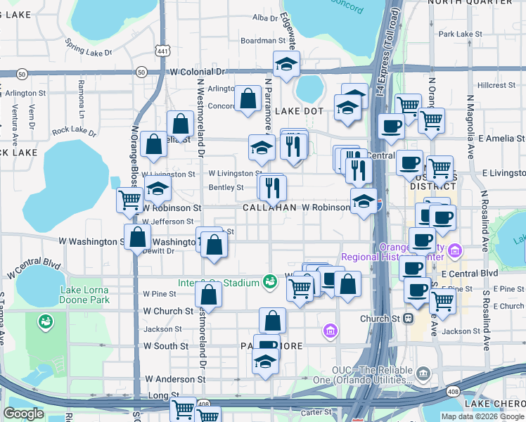 map of restaurants, bars, coffee shops, grocery stores, and more near in Orlando