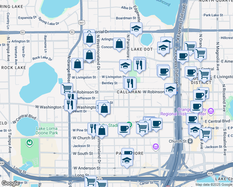 map of restaurants, bars, coffee shops, grocery stores, and more near 802 Hills Street in Orlando