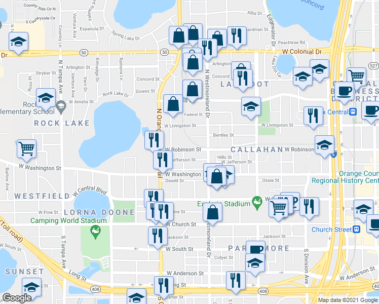 map of restaurants, bars, coffee shops, grocery stores, and more near 1031 West Jefferson Street in Orlando