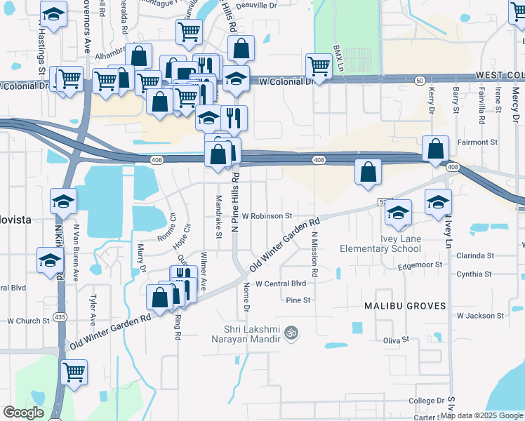 map of restaurants, bars, coffee shops, grocery stores, and more near 4994 West Robinson Street in Orlando