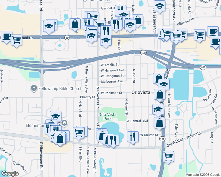 map of restaurants, bars, coffee shops, grocery stores, and more near 6209 West Robinson Street in Orlando