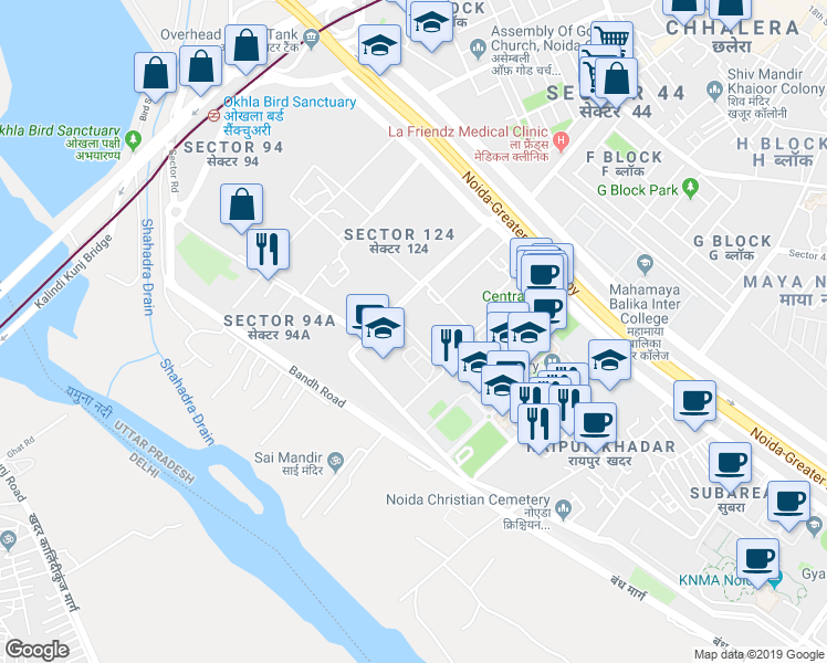 map of restaurants, bars, coffee shops, grocery stores, and more near in Noida
