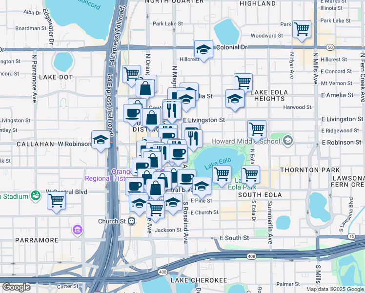 map of restaurants, bars, coffee shops, grocery stores, and more near 150 East Robinson Street in Orlando