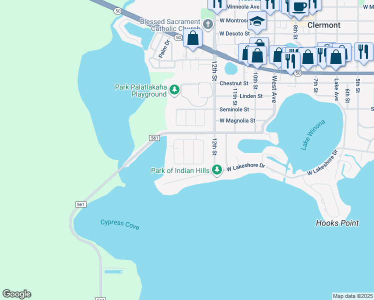 map of restaurants, bars, coffee shops, grocery stores, and more near 1610 Oak Hollow Road in Clermont