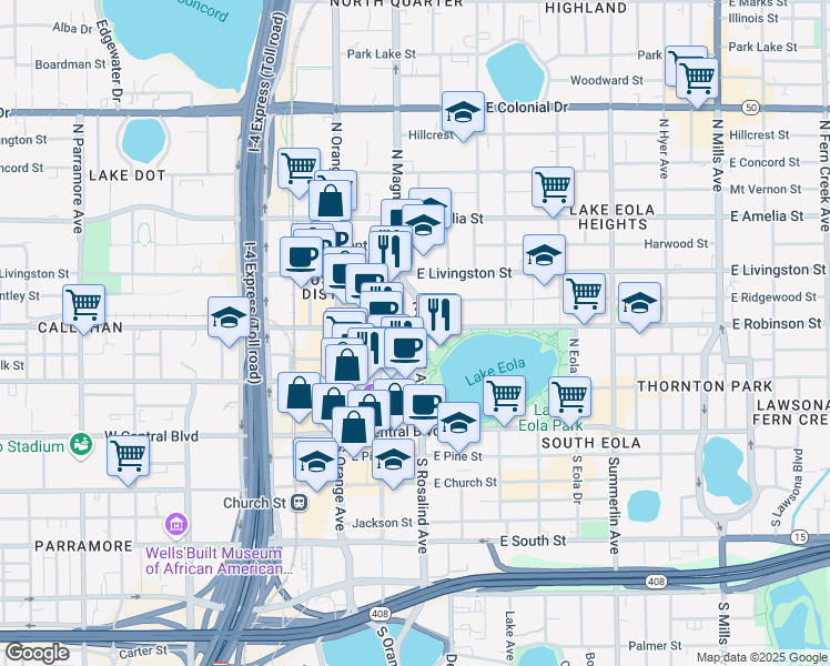 map of restaurants, bars, coffee shops, grocery stores, and more near 150 East Robinson Street in Orlando