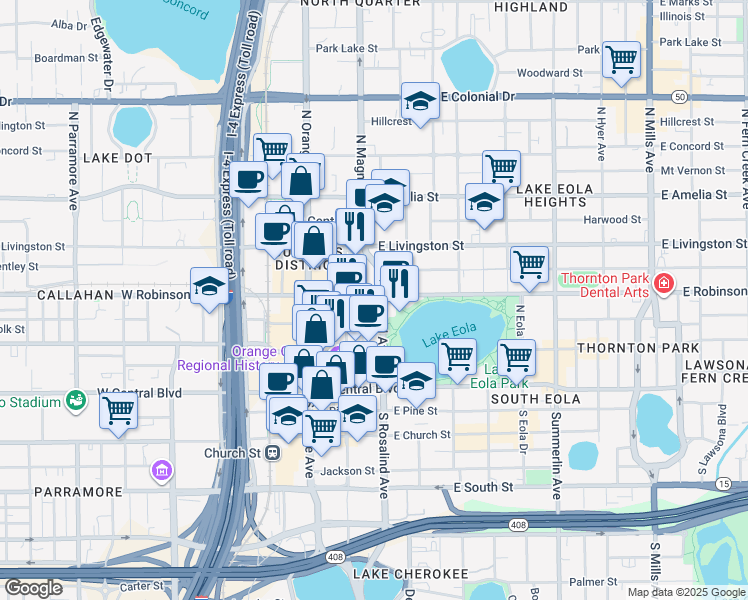 map of restaurants, bars, coffee shops, grocery stores, and more near 150 East Robinson Street in Orlando
