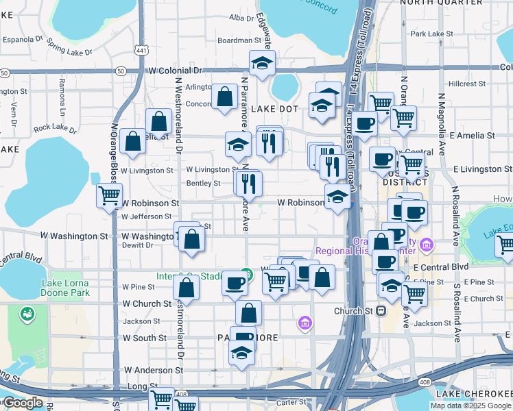 map of restaurants, bars, coffee shops, grocery stores, and more near 651 West Jefferson Street in Orlando