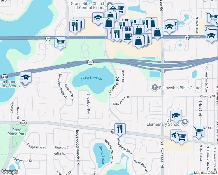 map of restaurants, bars, coffee shops, grocery stores, and more near 7314 Seena Court in Orlando