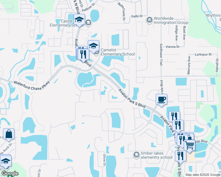 map of restaurants, bars, coffee shops, grocery stores, and more near 15013 Moultrie Pointe Road in Orlando