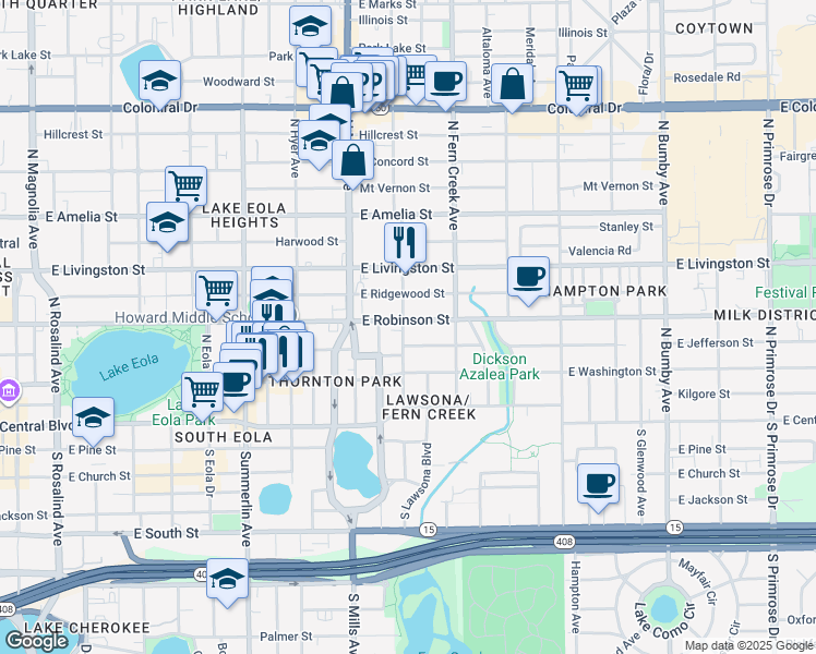 map of restaurants, bars, coffee shops, grocery stores, and more near 1415 East Jefferson Street in Orlando