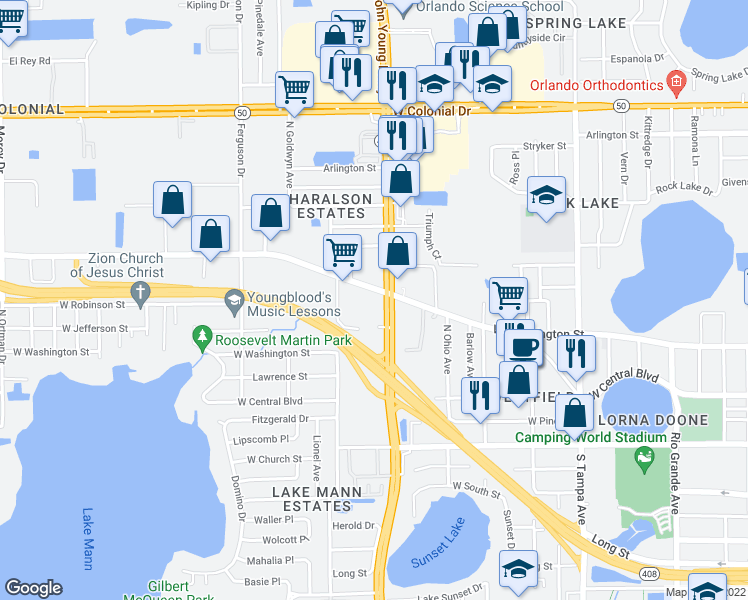 map of restaurants, bars, coffee shops, grocery stores, and more near 2802 Old Winter Garden Road in Orlando