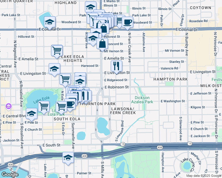 map of restaurants, bars, coffee shops, grocery stores, and more near 213 North Brown Avenue in Orlando