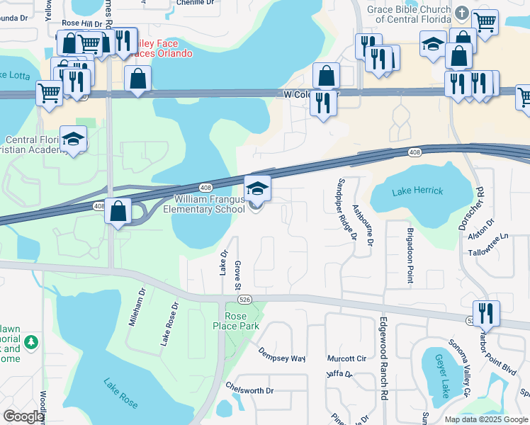 map of restaurants, bars, coffee shops, grocery stores, and more near 380 Killington Way in Orlando