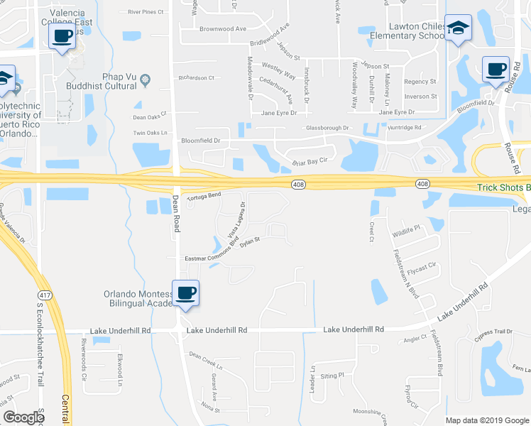 map of restaurants, bars, coffee shops, grocery stores, and more near 10235 Dylan Street in Orlando