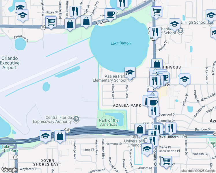 map of restaurants, bars, coffee shops, grocery stores, and more near 5309 Bobby Street in Orlando