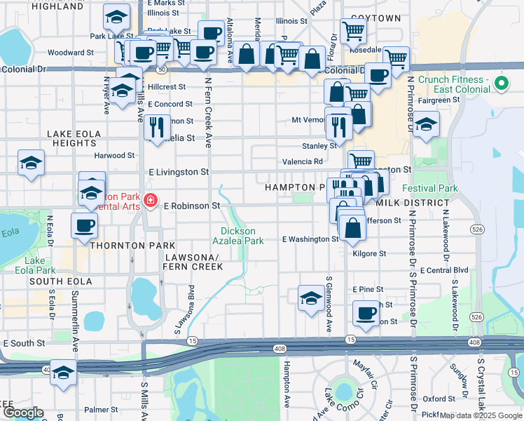 map of restaurants, bars, coffee shops, grocery stores, and more near 1903 East Jefferson Street in Orlando