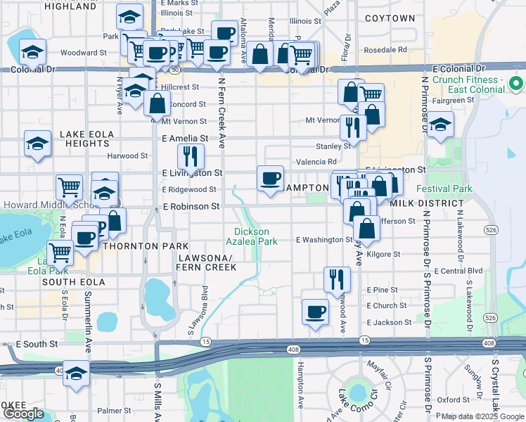 map of restaurants, bars, coffee shops, grocery stores, and more near 119 Celia Lane in Orlando