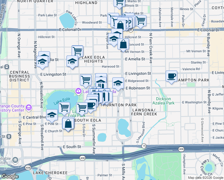 map of restaurants, bars, coffee shops, grocery stores, and more near 911 East Jefferson Street in Orlando