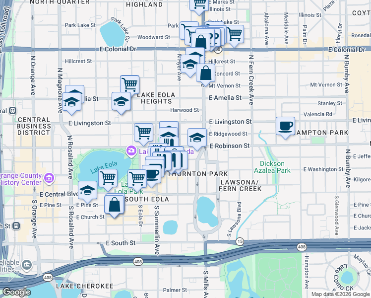 map of restaurants, bars, coffee shops, grocery stores, and more near 911 East Jefferson Street in Orlando