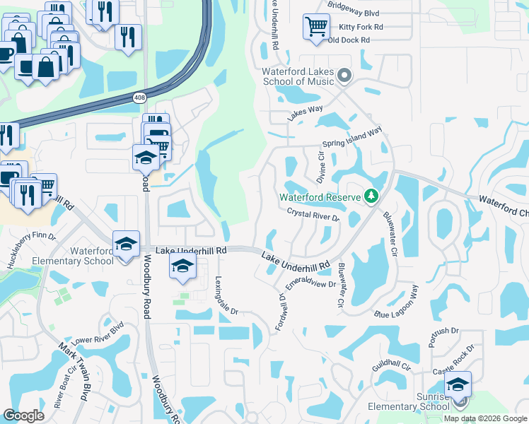 map of restaurants, bars, coffee shops, grocery stores, and more near 535 Spring Island Way in Orlando