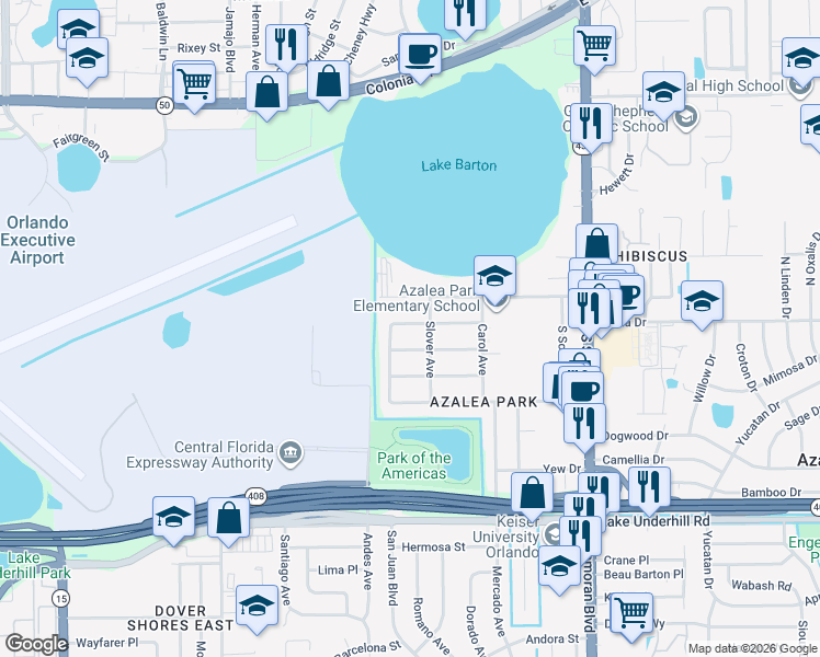 map of restaurants, bars, coffee shops, grocery stores, and more near 5309 Bobby Street in Orlando