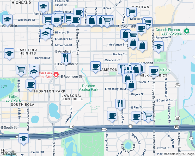 map of restaurants, bars, coffee shops, grocery stores, and more near 1903 East Jefferson Street in Orlando