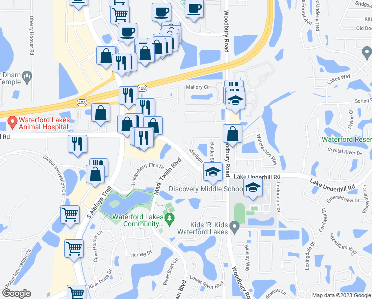 map of restaurants, bars, coffee shops, grocery stores, and more near 2 Pied Court in Orlando