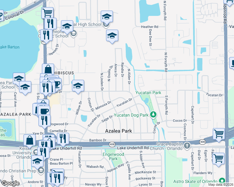 map of restaurants, bars, coffee shops, grocery stores, and more near 6127 Mimosa Drive in Orlando