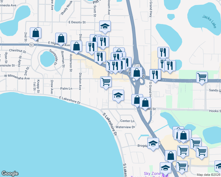 map of restaurants, bars, coffee shops, grocery stores, and more near 721 Pine Lane in Clermont