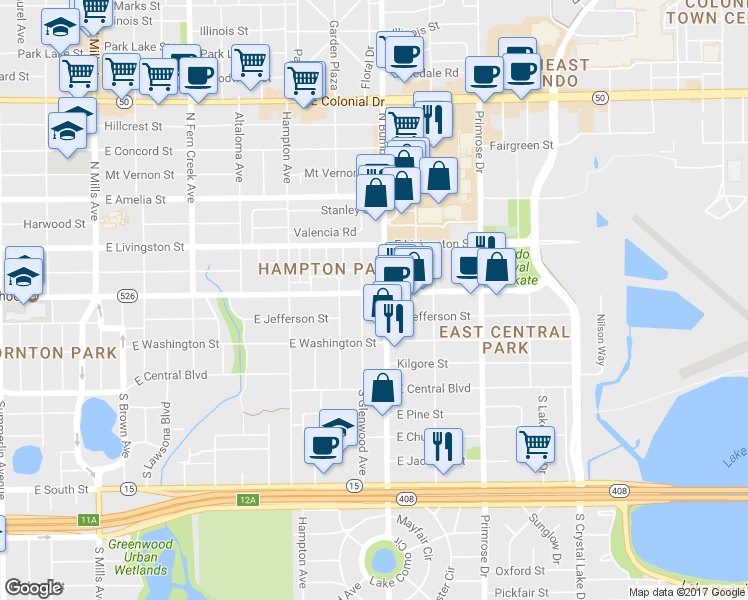map of restaurants, bars, coffee shops, grocery stores, and more near 2310 East Robinson Street in Orlando