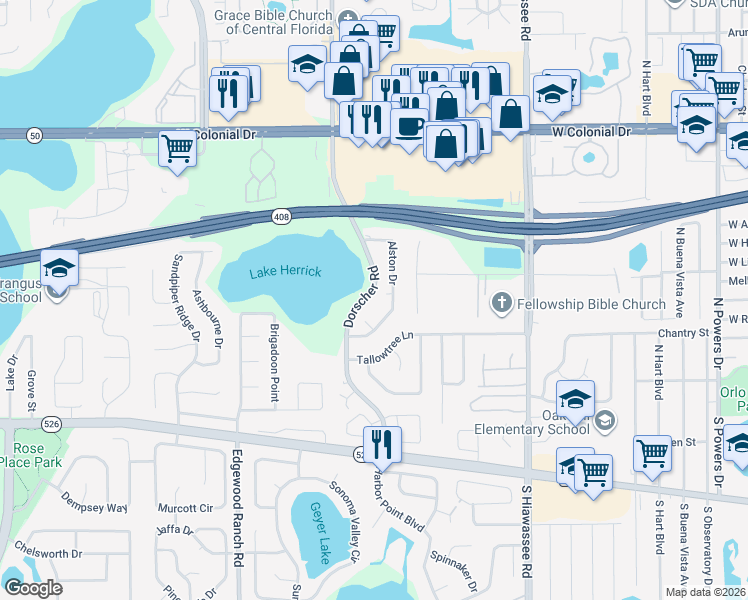 map of restaurants, bars, coffee shops, grocery stores, and more near 7314 Seena Court in Orlando