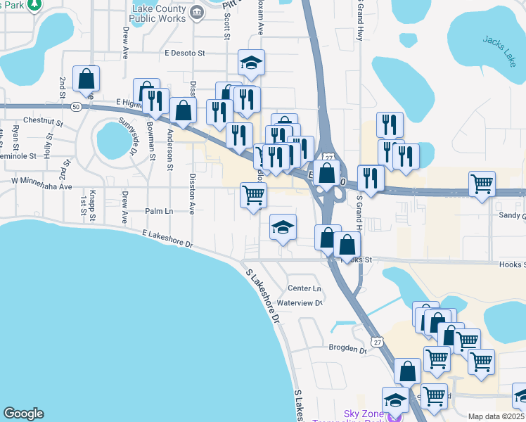 map of restaurants, bars, coffee shops, grocery stores, and more near 711 Pine Lane in Clermont