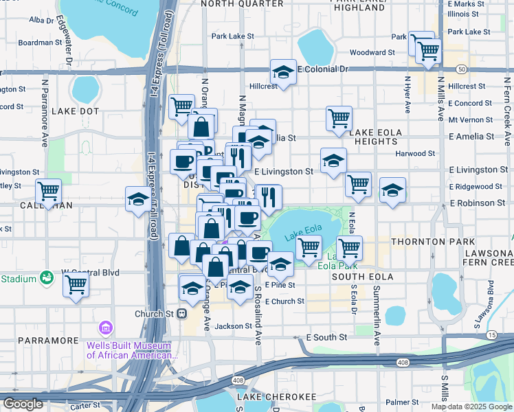map of restaurants, bars, coffee shops, grocery stores, and more near N Rosalind Ave & E Robinson St in Orlando
