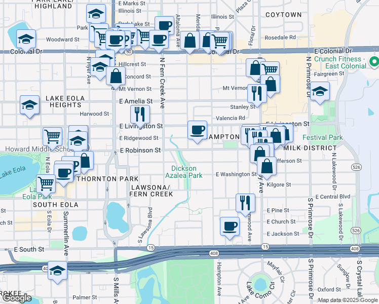 map of restaurants, bars, coffee shops, grocery stores, and more near 119 Celia Lane in Orlando