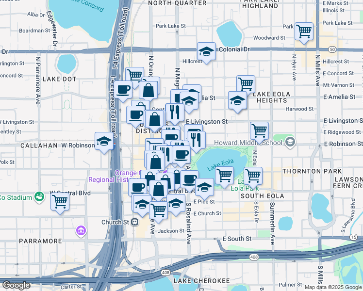 map of restaurants, bars, coffee shops, grocery stores, and more near 150 East Robinson Street in Orlando