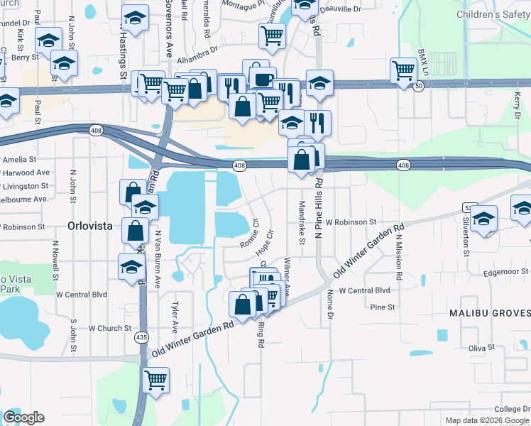map of restaurants, bars, coffee shops, grocery stores, and more near 302 Ronnie Circle in Orlando